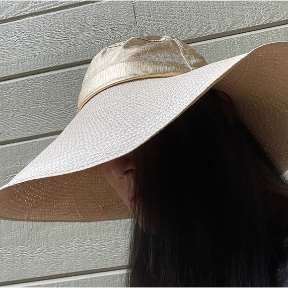 Two Girls NYC Accessories - Wide Brim Gold Lame Crown Sun Hat